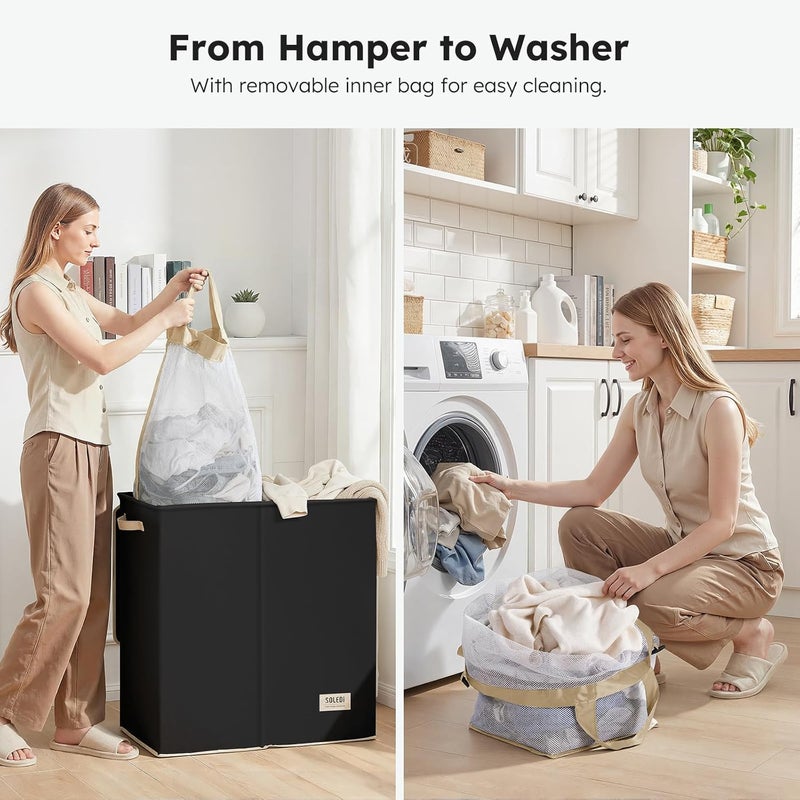 SOLEDI Large Double Laundry Hamper with Lid, Collapsible Clothes Hamper 2 section with Removable Bags, Space-Saving Laundry Basket for Bedroom, Dorm, College - Image 4