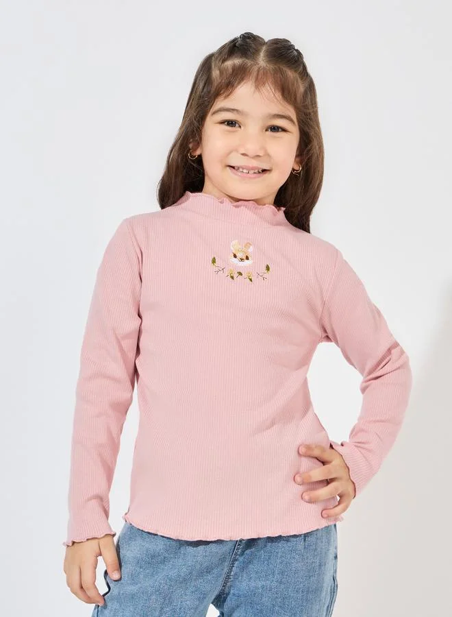 Styli Ribbed Knit Rabbit Embroidered Ruffle Trim Mock Neck T-Shirt