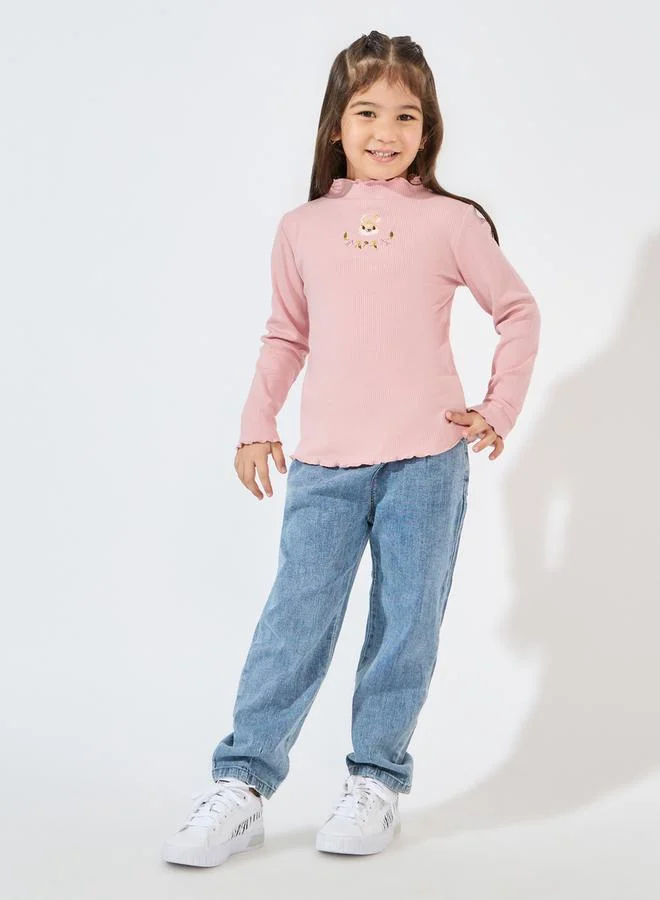 Styli Ribbed Knit Rabbit Embroidered Ruffle Trim Mock Neck T-Shirt