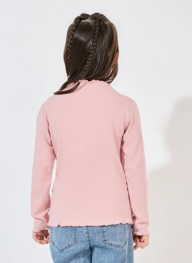Styli Ribbed Knit Rabbit Embroidered Ruffle Trim Mock Neck T-Shirt