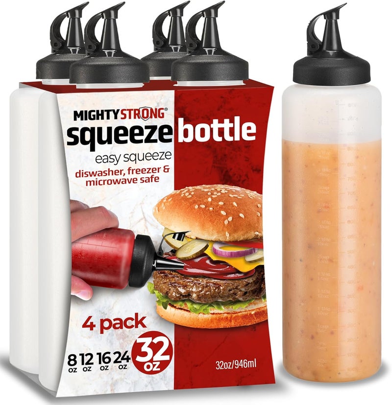 MIGHTY STRONG Condiment Squeeze Bottles - 32 Oz Squirt Bottles for Liquids, Easy Pour Sauce Bottles with Leak Proof Snap Cap - Image 1