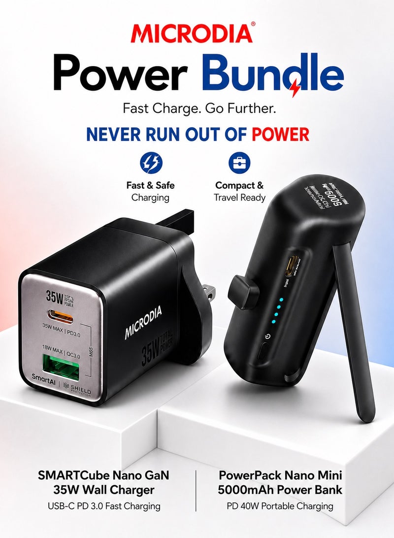 MICRODIA Fast Charging Bundle – 35W Dual-Port Wall Charger & 5000mAh Nano Power Bank - Image 1