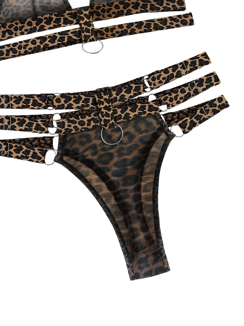 Lilosy Sexy Wireless Choker O Ring Linked Strappy Harness Lingerie Set Outfits 3 Piece Women Matching Bra Panty Underwear Mesh Leopard Medium - Image 5