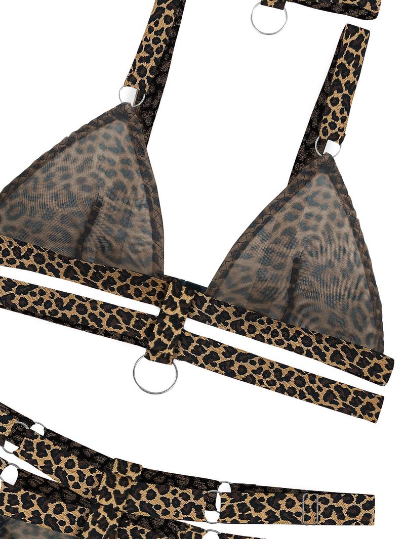Lilosy Sexy Wireless Choker O Ring Linked Strappy Harness Lingerie Set Outfits 3 Piece Women Matching Bra Panty Underwear Mesh Leopard Medium - Image 4