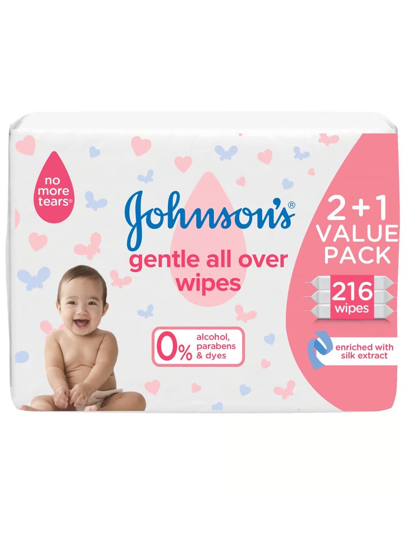 Johnson's Baby Wipes Gentle All Over 216 wipes (pack of 2 + 1 ) - Image 1