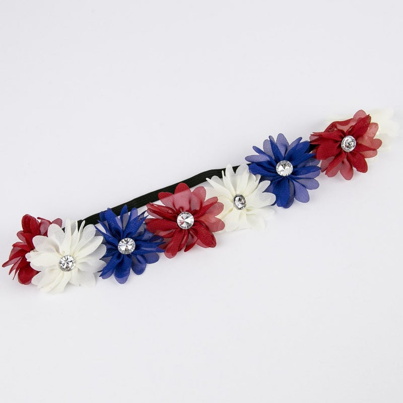 LUX ACCESSORIES Red White Blue American Flag 4th of July Independence Floral Flower Stretch Crystal Headband - Image 4