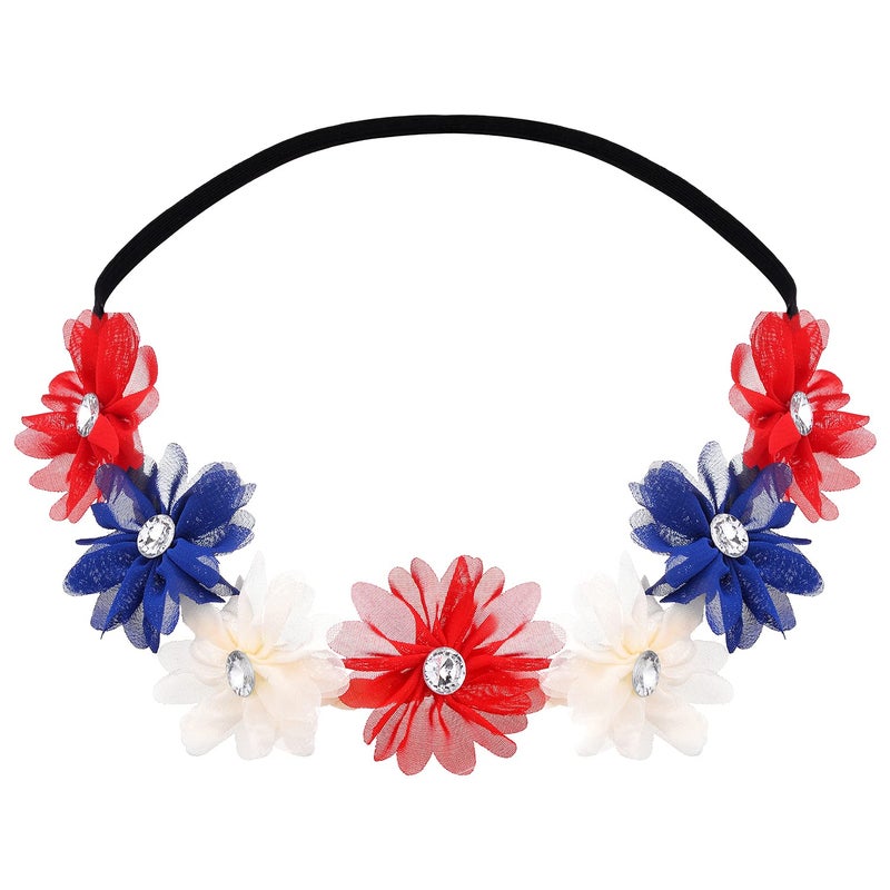 LUX ACCESSORIES Red White Blue American Flag 4th of July Independence Floral Flower Stretch Crystal Headband - Image 1