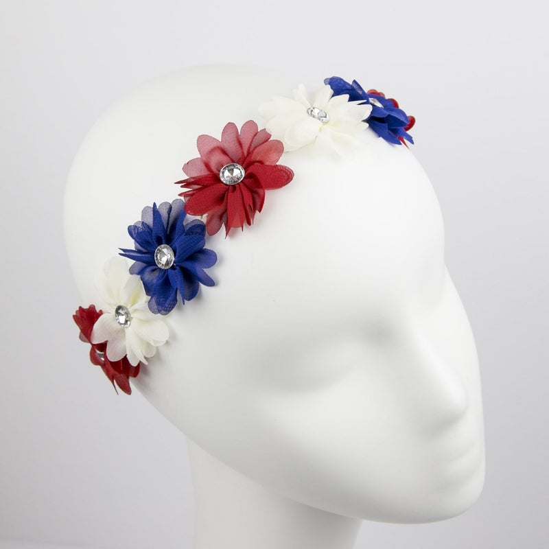 LUX ACCESSORIES Red White Blue American Flag 4th of July Independence Floral Flower Stretch Crystal Headband - Image 3