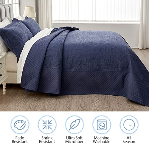 Qucover Oversized King Bedspreads, 3 Piece Soft Microfiber Lightweight Oversized King Quilt 128x120, Elegant Paisley Ultrasonic California King Bedspread Bedding Coverlets, Navy Blue - Image 3