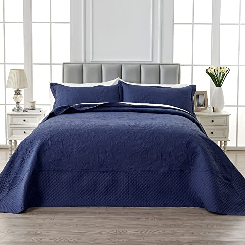 Qucover Oversized King Bedspreads, 3 Piece Soft Microfiber Lightweight Oversized King Quilt 128x120, Elegant Paisley Ultrasonic California King Bedspread Bedding Coverlets, Navy Blue - Image 2