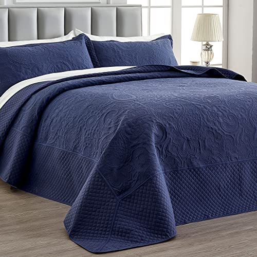 Qucover Oversized King Bedspreads, 3 Piece Soft Microfiber Lightweight Oversized King Quilt 128x120, Elegant Paisley Ultrasonic California King Bedspread Bedding Coverlets, Navy Blue - Image 1