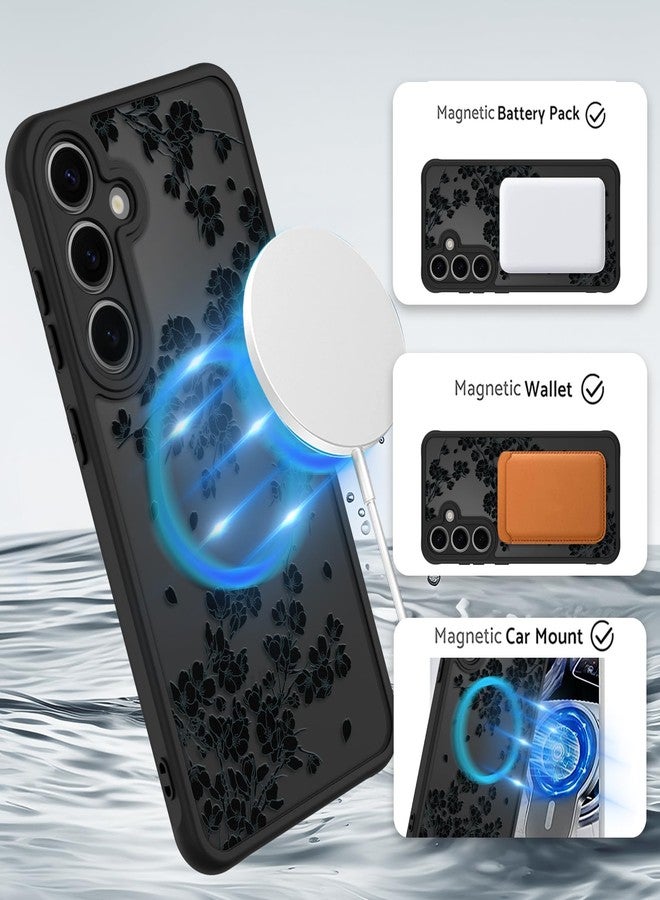 OOK Case Fit for Samsung Galaxy S24 6.2 Inch (Compatible with MagSafe) Black Floral Flowers Design Translucent Phone Cover Soft TPU + Hard PC Anti-Scratch Shockproof Magnetic Case for Women - Image 2