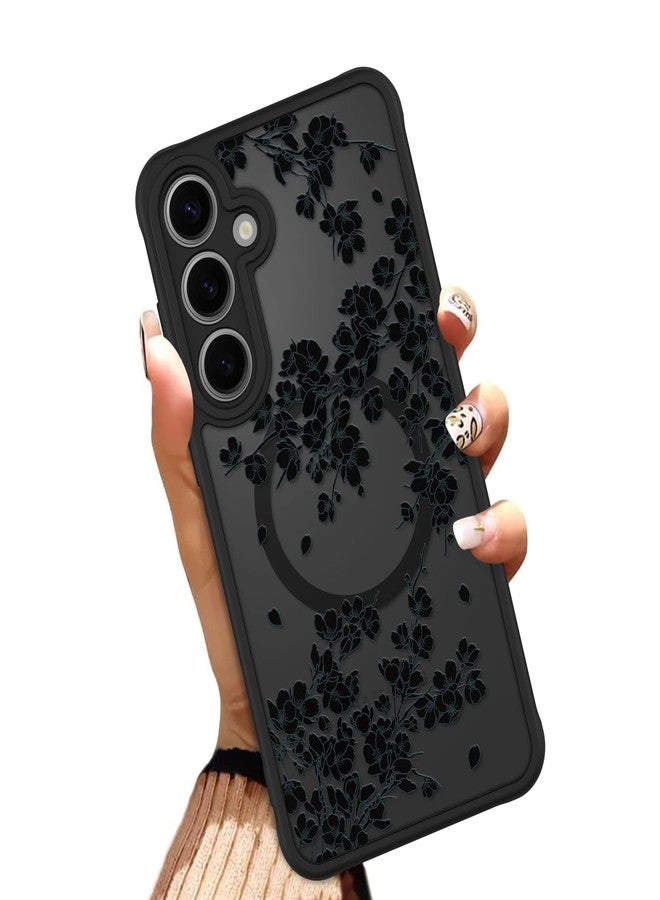 OOK Case Fit for Samsung Galaxy S24 6.2 Inch (Compatible with MagSafe) Black Floral Flowers Design Translucent Phone Cover Soft TPU + Hard PC Anti-Scratch Shockproof Magnetic Case for Women - Image 1