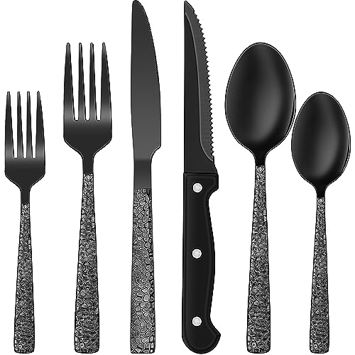 EWFEN Black Hammered Silverware Set, 24-Piece Stainless Steel Square Flatware Set with Steak Knives for 4, Food-Grade Tableware Cutlery/Utensil Sets for Home Restaurant, Mirror Finish, Dishwasher Safe - Image 1