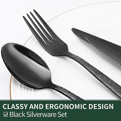EWFEN Black Hammered Silverware Set, 24-Piece Stainless Steel Square Flatware Set with Steak Knives for 4, Food-Grade Tableware Cutlery/Utensil Sets for Home Restaurant, Mirror Finish, Dishwasher Safe - Image 3