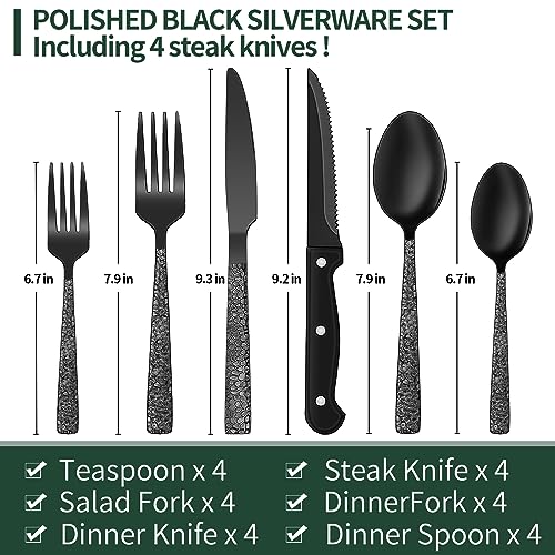 EWFEN Black Hammered Silverware Set, 24-Piece Stainless Steel Square Flatware Set with Steak Knives for 4, Food-Grade Tableware Cutlery/Utensil Sets for Home Restaurant, Mirror Finish, Dishwasher Safe - Image 2