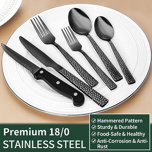 EWFEN Black Hammered Silverware Set, 24-Piece Stainless Steel Square Flatware Set with Steak Knives for 4, Food-Grade Tableware Cutlery/Utensil Sets for Home Restaurant, Mirror Finish, Dishwasher Safe - Image 5