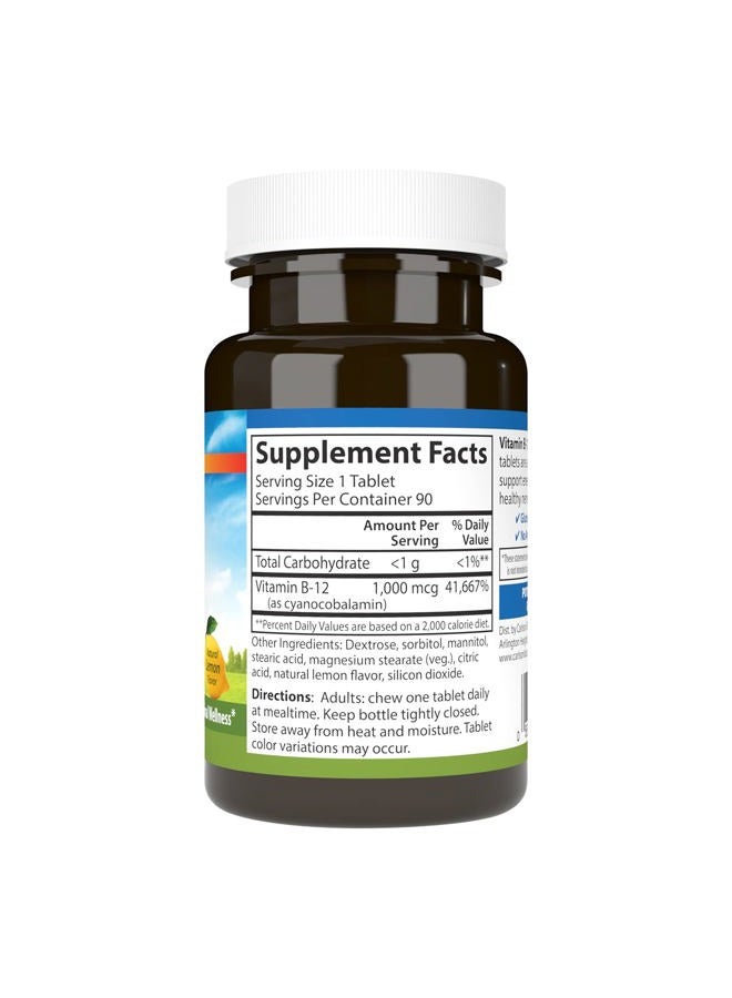 Carlson Chewable B-12, 1000 mcg, Energy Production & Nerve Function, Optimal Wellness, Lemon, 90 Tablets - Image 2