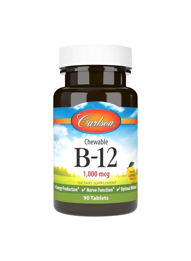 Carlson Chewable B-12, 1000 mcg, Energy Production & Nerve Function, Optimal Wellness, Lemon, 90 Tablets - Image 1