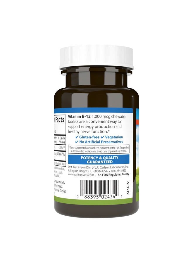 Carlson Chewable B-12, 1000 mcg, Energy Production & Nerve Function, Optimal Wellness, Lemon, 90 Tablets - Image 3
