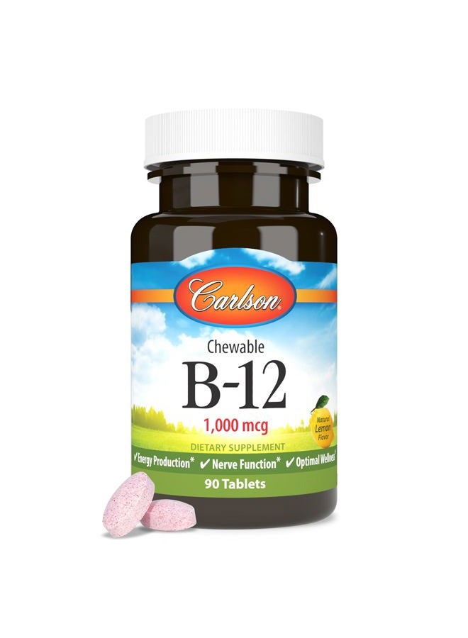 Carlson Chewable B-12, 1000 mcg, Energy Production & Nerve Function, Optimal Wellness, Lemon, 90 Tablets - Image 5