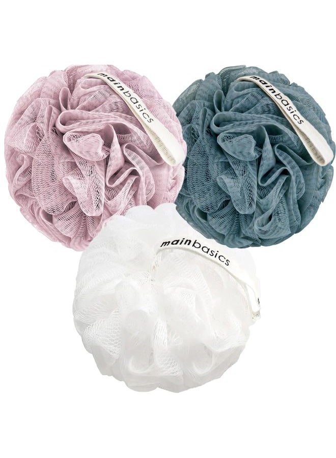 MainBasics Bath Shower Loofah Sponge Pouf Body Scrubber Exfoliator Body Wash Sponge (Set of 3, Airy Blossom) - Image 1