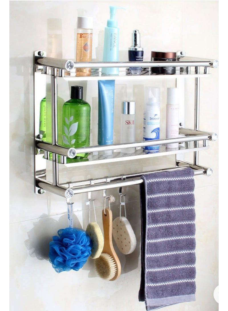 رف جدار الحمام من طبقتين مع خطافات، رف الحمام، رف دش الحمام من الفولاذ المقاوم للصدأ للحمام، المطبخ، غرفة النوم، رف دش لزج وقابل للثقب، رف تخزين الحمام يثبت على الحائط. - Image 1