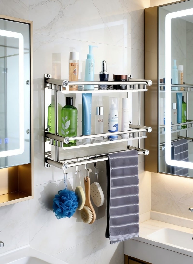 رف جدار الحمام من طبقتين مع خطافات، رف الحمام، رف دش الحمام من الفولاذ المقاوم للصدأ للحمام، المطبخ، غرفة النوم، رف دش لزج وقابل للثقب، رف تخزين الحمام يثبت على الحائط. - Image 1