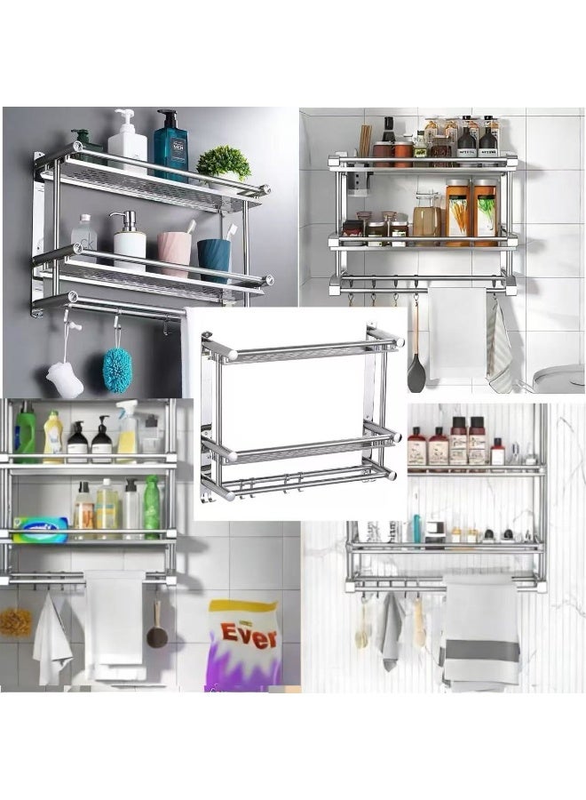 رف جدار الحمام من طبقتين مع خطافات، رف الحمام، رف دش الحمام من الفولاذ المقاوم للصدأ للحمام، المطبخ، غرفة النوم، رف دش لزج وقابل للثقب، رف تخزين الحمام يثبت على الحائط. - Image 4