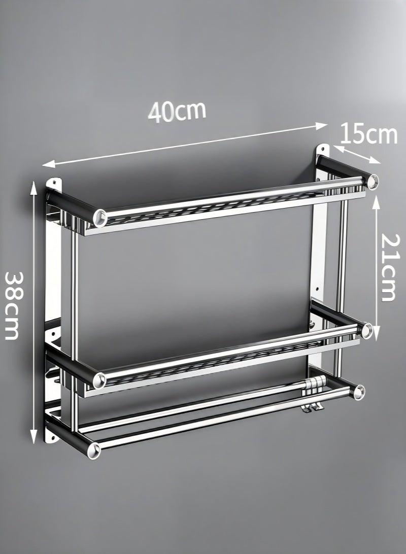 رف جدار الحمام من طبقتين مع خطافات، رف الحمام، رف دش الحمام من الفولاذ المقاوم للصدأ للحمام، المطبخ، غرفة النوم، رف دش لزج وقابل للثقب، رف تخزين الحمام يثبت على الحائط. - Image 5