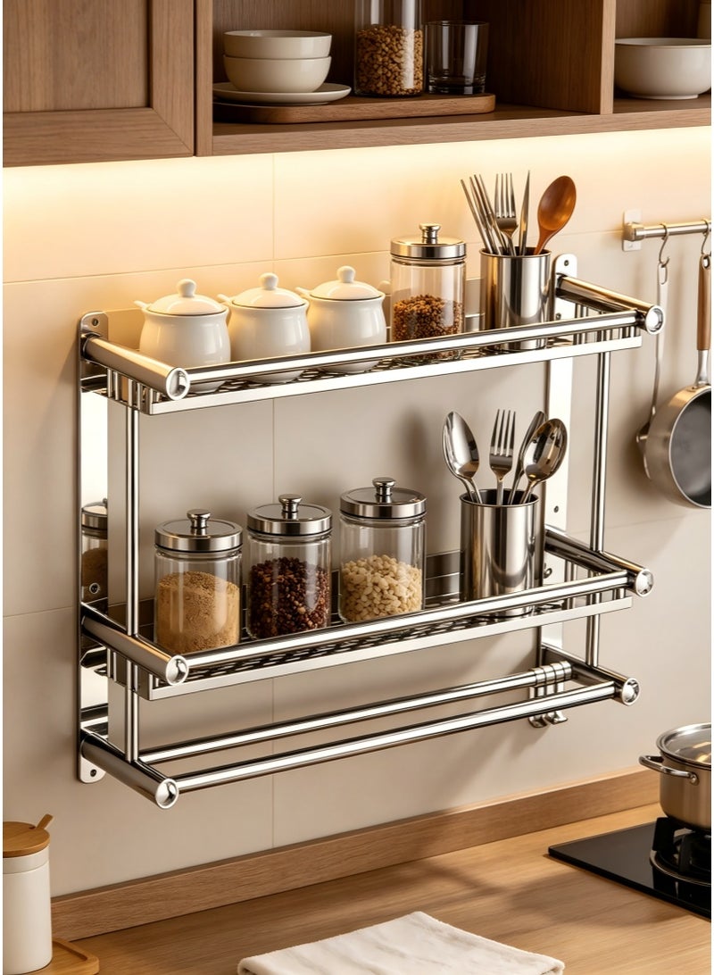2 Tier Bathroom Wall Shelf With Hooks,Silver Wall Mounted Bathroom Shelf,No Drilling Adhesive Wall Mounted Shower Organizer,Stainless Steel Bathroom Shower Shelf for Bathroom, Kitchen, Bedroom - Image 2