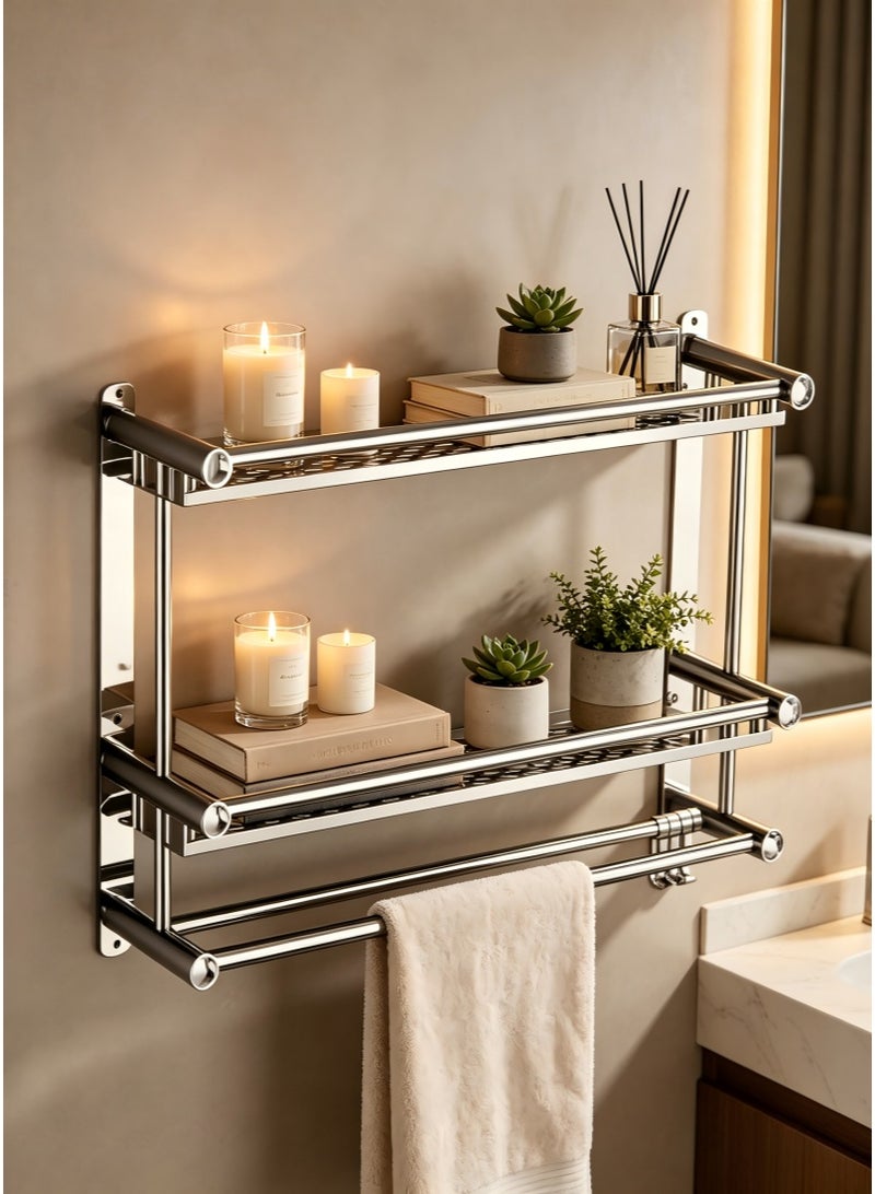 2 Tier Bathroom Wall Shelf With Hooks,Silver Wall Mounted Bathroom Shelf,No Drilling Adhesive Wall Mounted Shower Organizer,Stainless Steel Bathroom Shower Shelf for Bathroom, Kitchen, Bedroom - Image 1