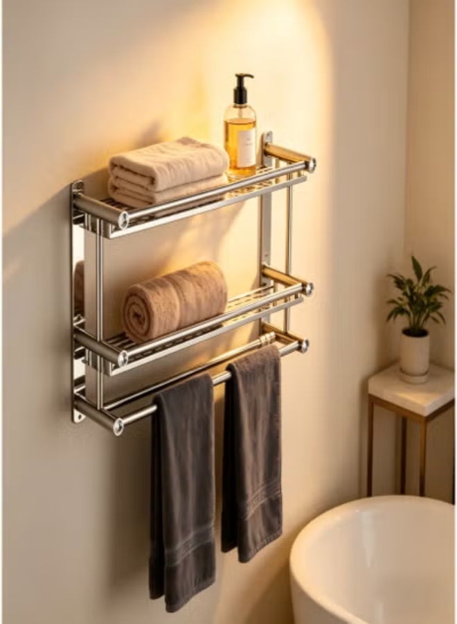 2 Tier Bathroom Wall Shelf With Hooks,Silver Wall Mounted Bathroom Shelf,No Drilling Adhesive Wall Mounted Shower Organizer,Stainless Steel Bathroom Shower Shelf for Bathroom, Kitchen, Bedroom - Image 3