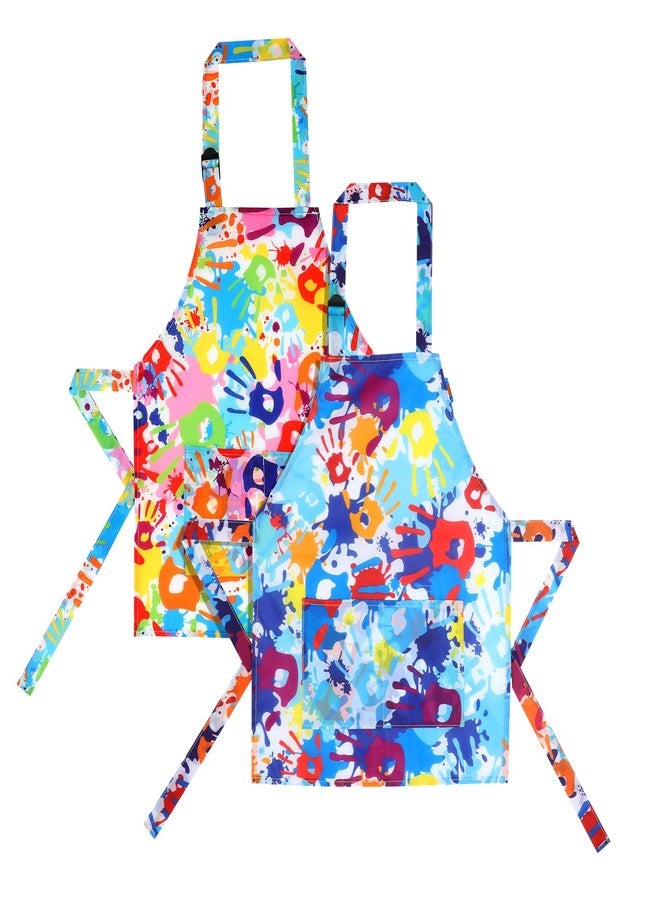 Prasacco 2 Pcs Kid Aprons Rainbow Handprints Kids Painting Apron Adjustable Kid Art Smock Waterproof Art Apron with Pockets for Boys and Girls Toddler Kids Aprons for Painting Cooking Baking - Image 1