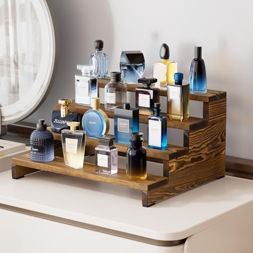 ZUJJAFY Cologne Organizer for Men 4 Tier Wooden Cologne Stand Mens Fragrance Shelf Tiered Wood Risers Display Stands for Perfume Cupcake Figures Dessert - Image 3
