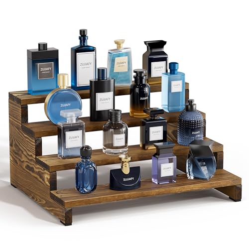 ZUJJAFY Cologne Organizer for Men 4 Tier Wooden Cologne Stand Mens Fragrance Shelf Tiered Wood Risers Display Stands for Perfume Cupcake Figures Dessert - Image 1