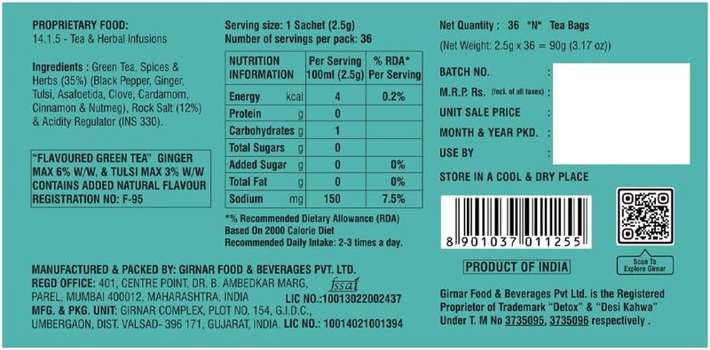 Girnar Detox Green Tea (Desi Kahwa) (36 Tea Bags) - Image 3