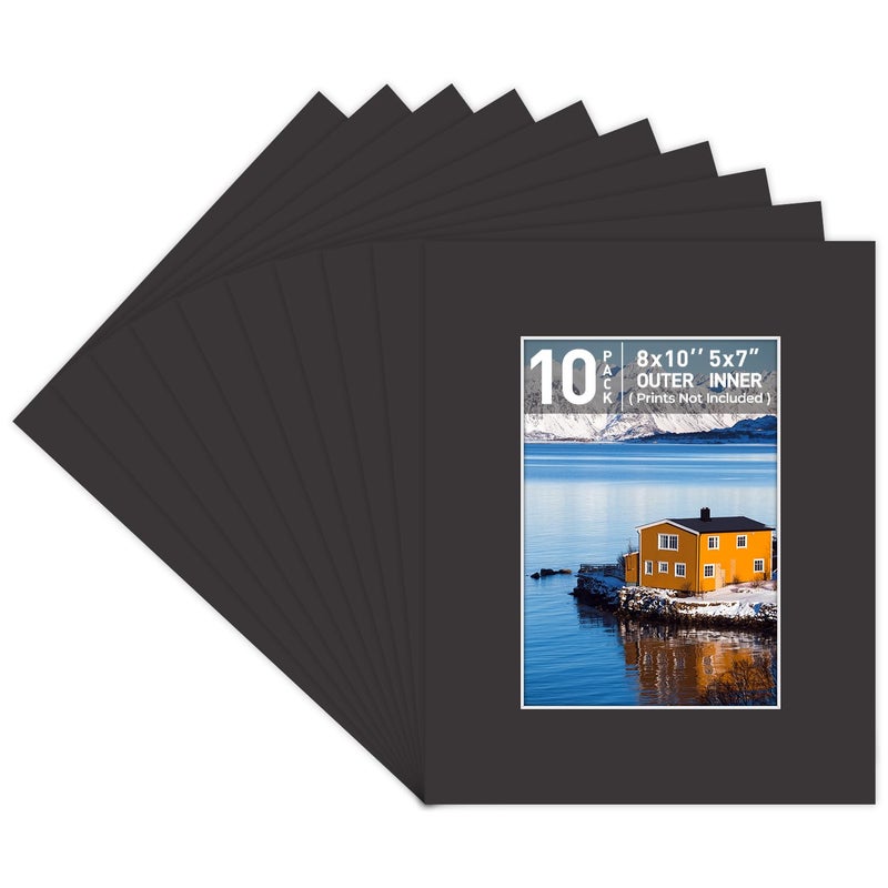 Golden State Art Golden State Art Pack of 10 AcidFree Black PreCut 8x10 Picture Mat for 5x7 Photo with White Core Bevel Cut Frame Mattes 