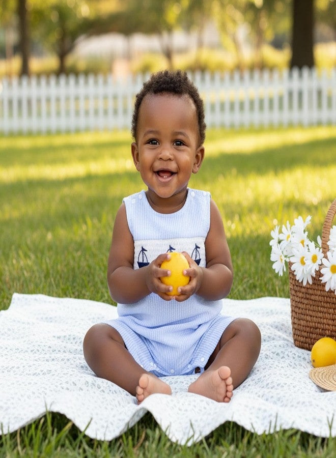 Lenjindjer Baby Boy Summer Outfit Sailboat Embroidered Smocked Sleeveless Striped Romper Jumpsuit Infant Newborn Shortalls (Blue, 3-6 Months) - Image 4