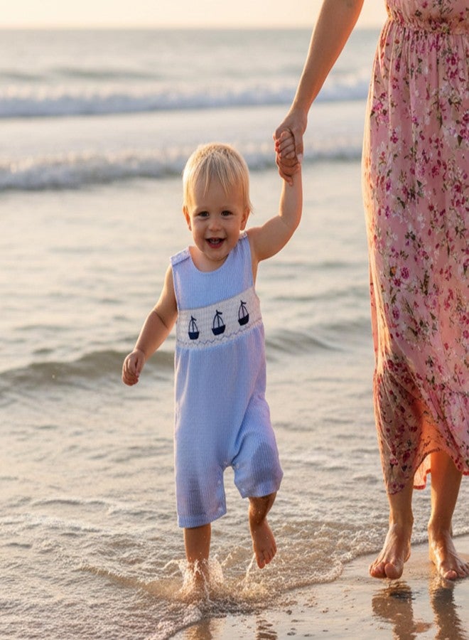 Lenjindjer Baby Boy Summer Outfit Sailboat Embroidered Smocked Sleeveless Striped Romper Jumpsuit Infant Newborn Shortalls (Blue, 3-6 Months) - Image 2