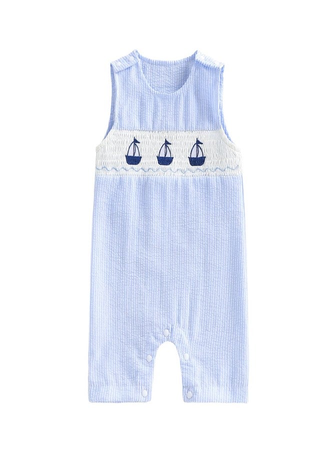Lenjindjer Baby Boy Summer Outfit Sailboat Embroidered Smocked Sleeveless Striped Romper Jumpsuit Infant Newborn Shortalls (Blue, 3-6 Months) - Image 1
