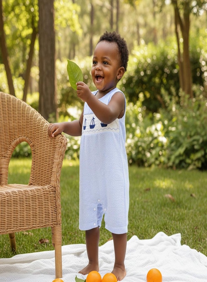 Lenjindjer Baby Boy Summer Outfit Sailboat Embroidered Smocked Sleeveless Striped Romper Jumpsuit Infant Newborn Shortalls (Blue, 3-6 Months) - Image 5