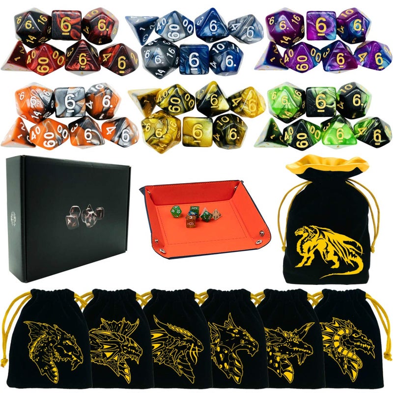 TOYFUL 6 Sets DoubleColor Polyhedral Dice for DND RPG MTG Table Games 7pcs Set d20 d12 2x d10 d8 d6 d4 with 6 Drawstring Bags 1 Big Bag 1 PU Leather Dice Tray Sticker - Image 3