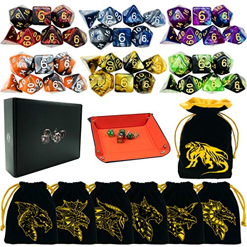 TOYFUL 6 Sets DoubleColor Polyhedral Dice for DND RPG MTG Table Games 7pcs Set d20 d12 2x d10 d8 d6 d4 with 6 Drawstring Bags 1 Big Bag 1 PU Leather Dice Tray Sticker - Image 1