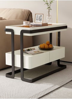 fashionhome 2 Tiers Multipurpose Use Modern Design Side Table Tempered Glass Tabletop Sofa Side Table with 2 Storage Drawers High End Rectangular Narrow Living Room Storage Cabinet 80x40x58 cm  - Image 1