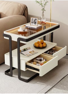 fashionhome 2 Tiers Multipurpose Use Modern Design Side Table Tempered Glass Tabletop Sofa Side Table with 2 Storage Drawers High End Rectangular Narrow Living Room Storage Cabinet 80x40x58 cm  - Image 2