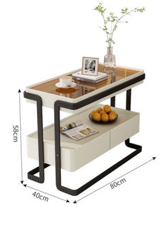 fashionhome 2 Tiers Multipurpose Use Modern Design Side Table Tempered Glass Tabletop Sofa Side Table with 2 Storage Drawers High End Rectangular Narrow Living Room Storage Cabinet 80x40x58 cm  - Image 5