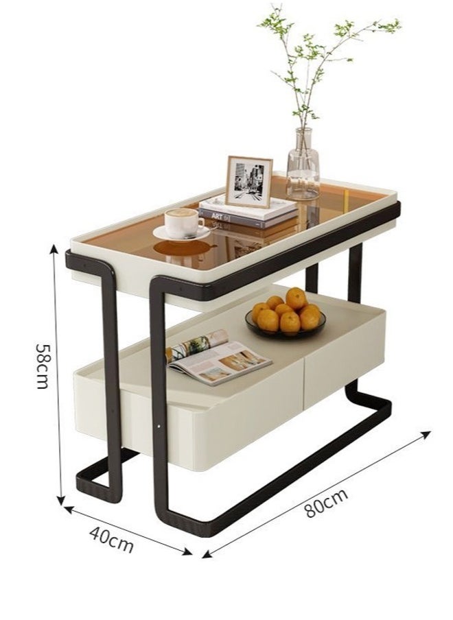 fashionhome - 2 Tiers Multipurpose Use Modern Design Side Table Tempered Glass Tabletop Sofa Side Table with 2 Storage Drawers High End Rectangular Narrow Living Room Storage Cabinet 80x40x58 cm - Image 1