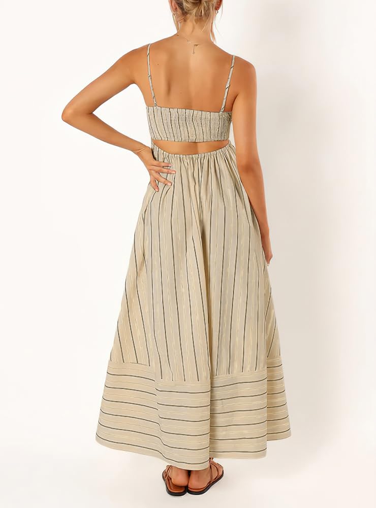 yoeasy Women's Striped Spaghetti Strap Cutout Maxi Dress Sleeveless Backless Flowy Swing Long Dress (Medium, Apricot) - Image 3