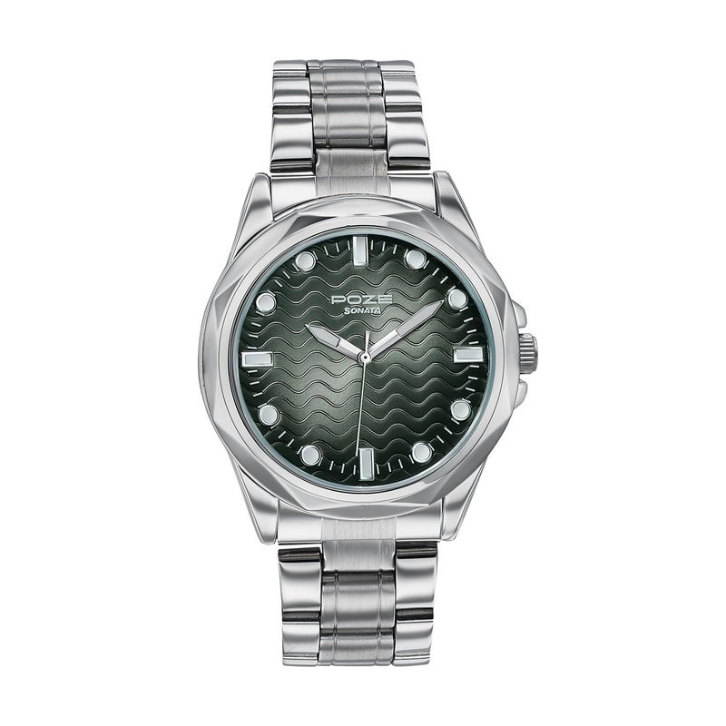 Sonata Poze 7 Analog Green Dial Silver Sheet Metal Strap Watch for Men - SP70088SM02W - Image 5